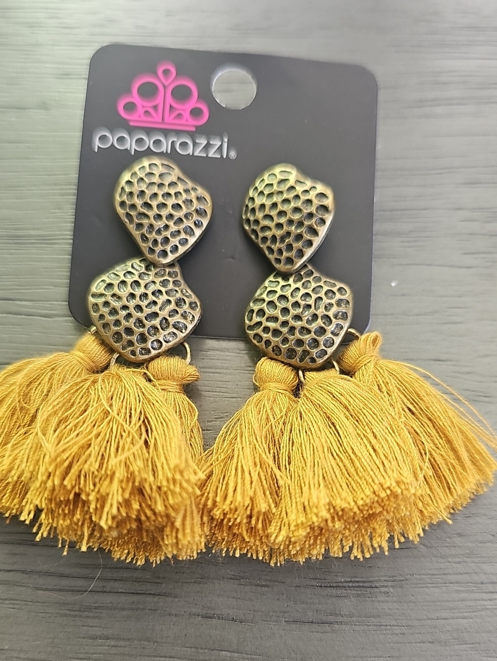 paparazzi Mustard Tassel Drop Earrings with Textured  Brass Accents